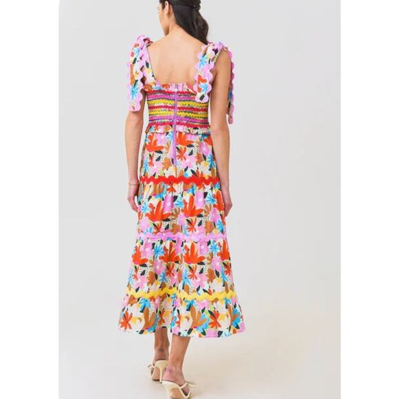 Celia B Nilsa Dress Floral Tiered Midi Medium NWT Scalloped Details Tie Straps - Picture 9 of 14